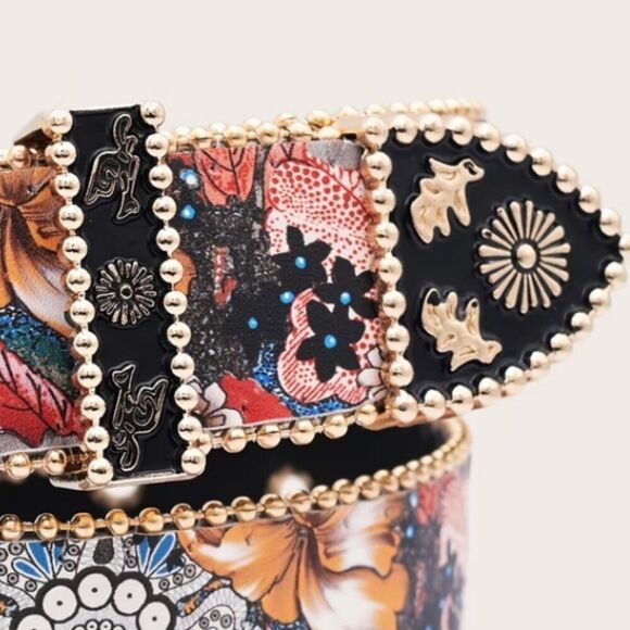 Floral Print Western Belt Red & Blue Golden & Black Enamel Buckle Boho Statement main image 6